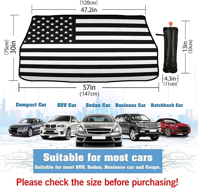CHILL�TEK US Flag Car Windshield Sun Shade Umbrella, American Foldable Umbrella Sunshade for Front Window UV Reflector Protection Auto Shades Cover black 1,57x31 In