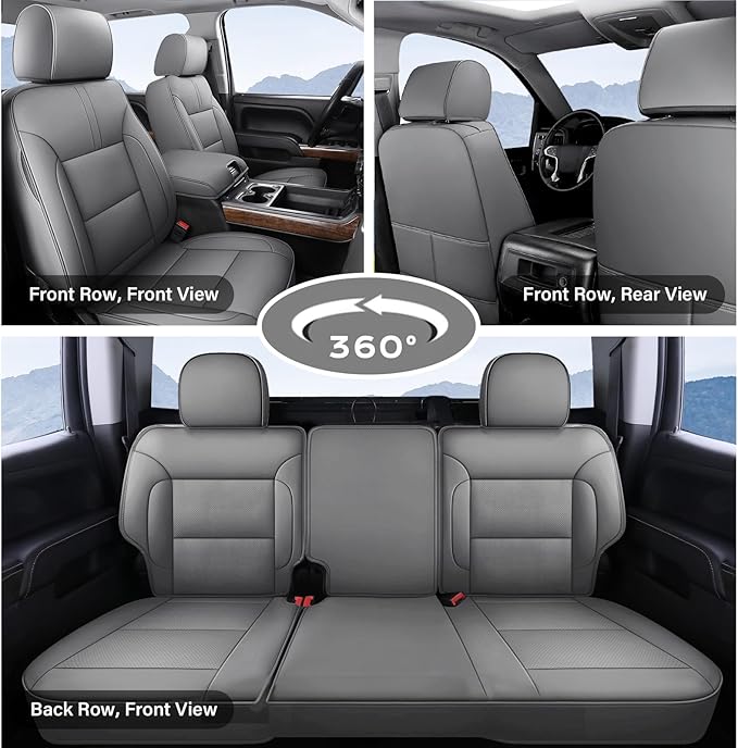 Coverado Silverado Seat Covers Full Set, Faux Leather Car Seat Covers Fit for Chevy Silverado GMC Sierra 2007-2013 & 2019-2026 1500, 2020-2026 2500HD 3500HD Crew Double Extended Cab(Gray)