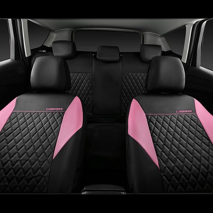 CAR PASS Pink Leather Seat Covers,Girly Quilting Pretty Cute Car Seat Cover with 5mm Composite Sponge Inside,Airbag Compatible, Universal Fit for Most Sedan,SUV,Vans(Full Set,Pink)