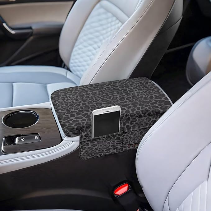 Dreaweet Black Leopard Print Center Console Cover for Car Thick Arm Rest Cover Pad with Pockets Cheetah Car Accessories Universal Comfortable Car Armrest Cover Cushion Pad