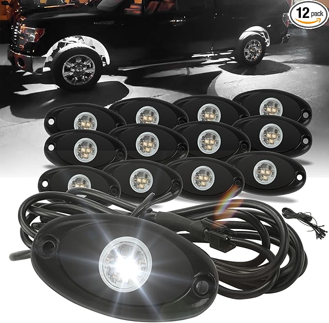 SUNPIE 12 Pods White Rock Lights – Quick Connect, 3 High Power Chips, 4M Extension Wires, Mounting Pads Included, 6000K Pure White, IP67 Waterproof, Fits Trucks, SUV, ATV, UTV, Trailer