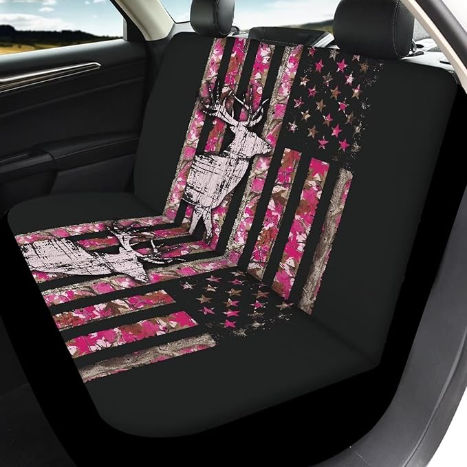 KEIAHUAN Branch Deer Camo Hunting Car Seat Covers Front Seat Cover and Split Rear Bench Seat Covers Set of 4 Stretchable Auto Interior Decoration Accessories for Sedan, Truck, SUV, Van, Pink