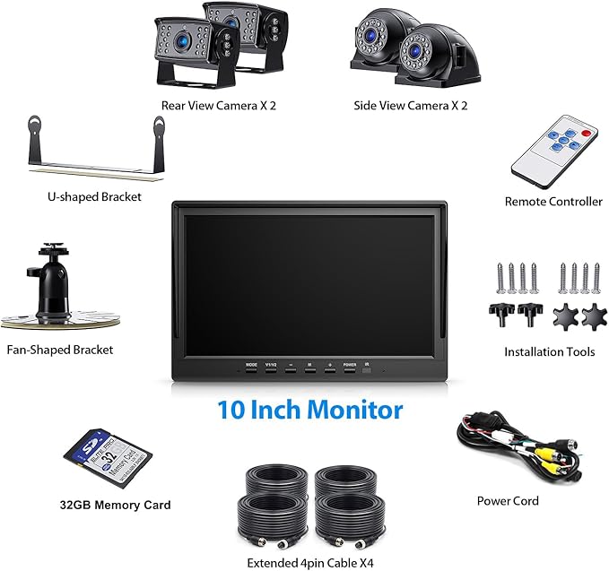 ZEROXCLUB 4 Wired Backup Camera System Kit with 10’‘ 1080P HD Monitor, IR Night Vision Rear Side Camera, Loop Recording, IP69K Waterproof Camera with Parking Lines for Bus, Truck, Trailer, RV, BY104A