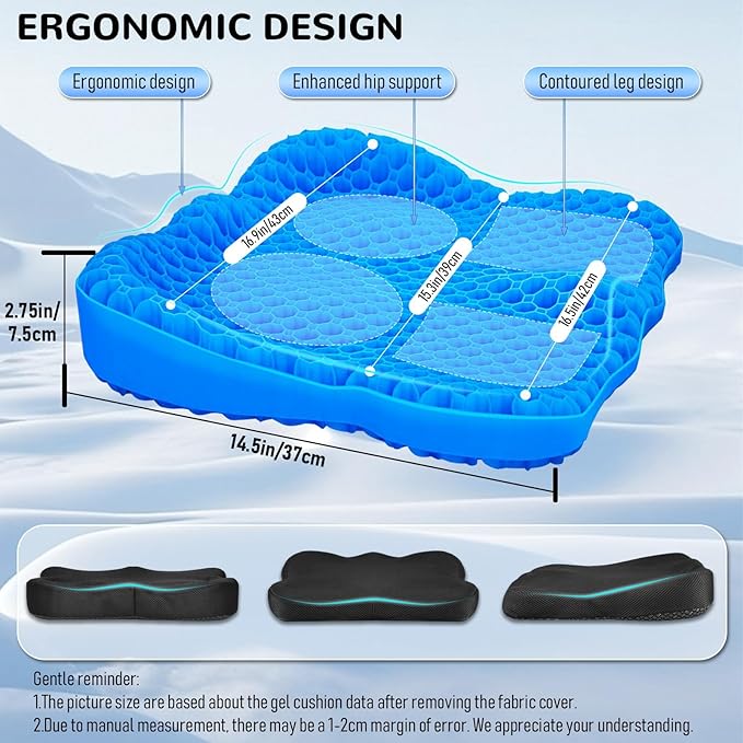 Cooling Gel Seat Cushion, Thickened Big Breathable Honeycomb Design Absorbs Pressure Points Gel Cushion with Anti-Slip Cover Cooling Seat Cushion for Office Chair Home Car Seat Cushion for Wheelchair
