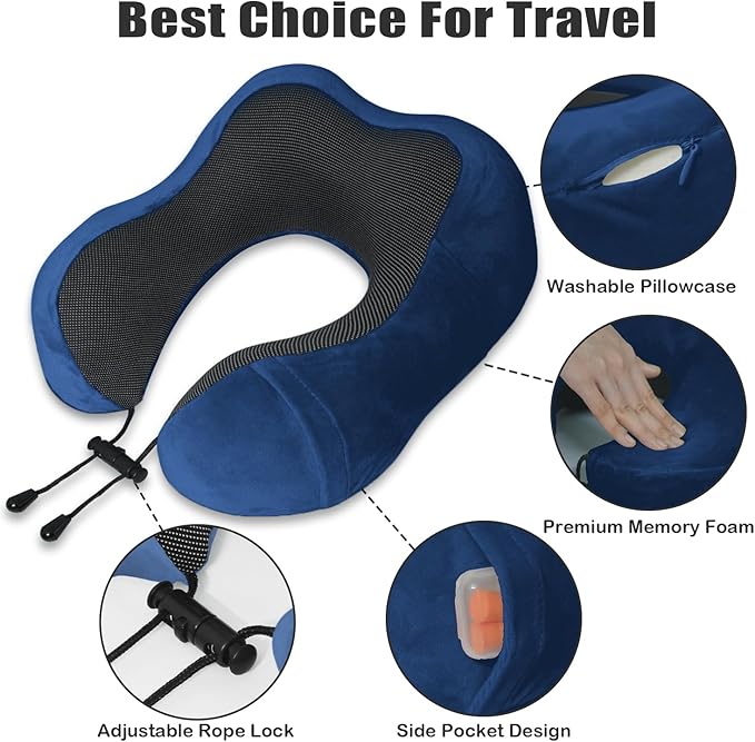 Travel Pillow, Memory Foam Neck Pillow for Traveling, U Shape Neck Pillow Airplane Portable Flight Pillow Travel Kit with 5D Contoured Eye Masks and Earplug for Plane Train Car Home Office - Blue
