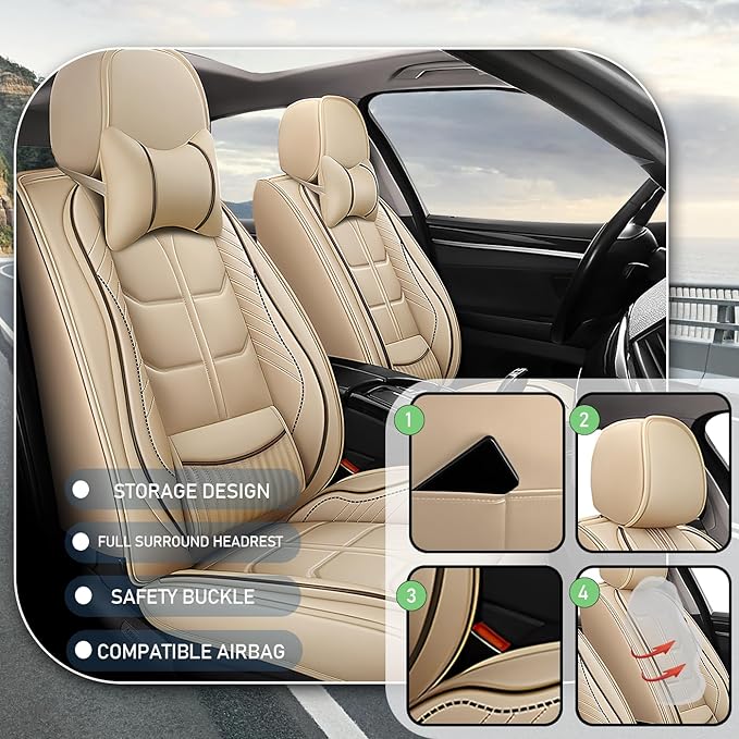 Leather Car Seat Covers Fit for Toyota Corolla Cross 2022-2024, 5 Seater Car Seat Cover, Premium Waterproof, Scratch Resistant Car Interior Accessories (Full Set with Pillow Beige)