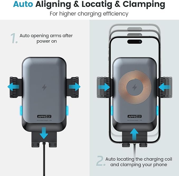 APPS2Car Wireless Car Charger Mount CD Slot Auto Clamping 15W Fast Charging CD Phone Holder for Car Wireless Charger Fit for iPhone 17 16 15 14 13 12 Pro Max, Samsung S25 S24, Google, LG etc.
