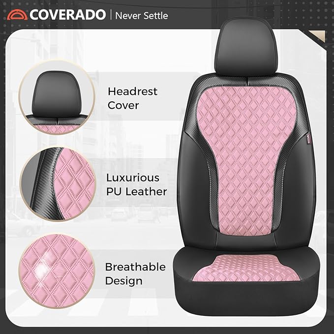 Coverado Seat Covers Front Seats, 2-Pack Luxury Diamond Leather Car Seat Cover, Sports Carbon Fiber Design Waterproof Car Seat Protector, Black Pink Automotive Seat Covers Universal Fit Most Cars