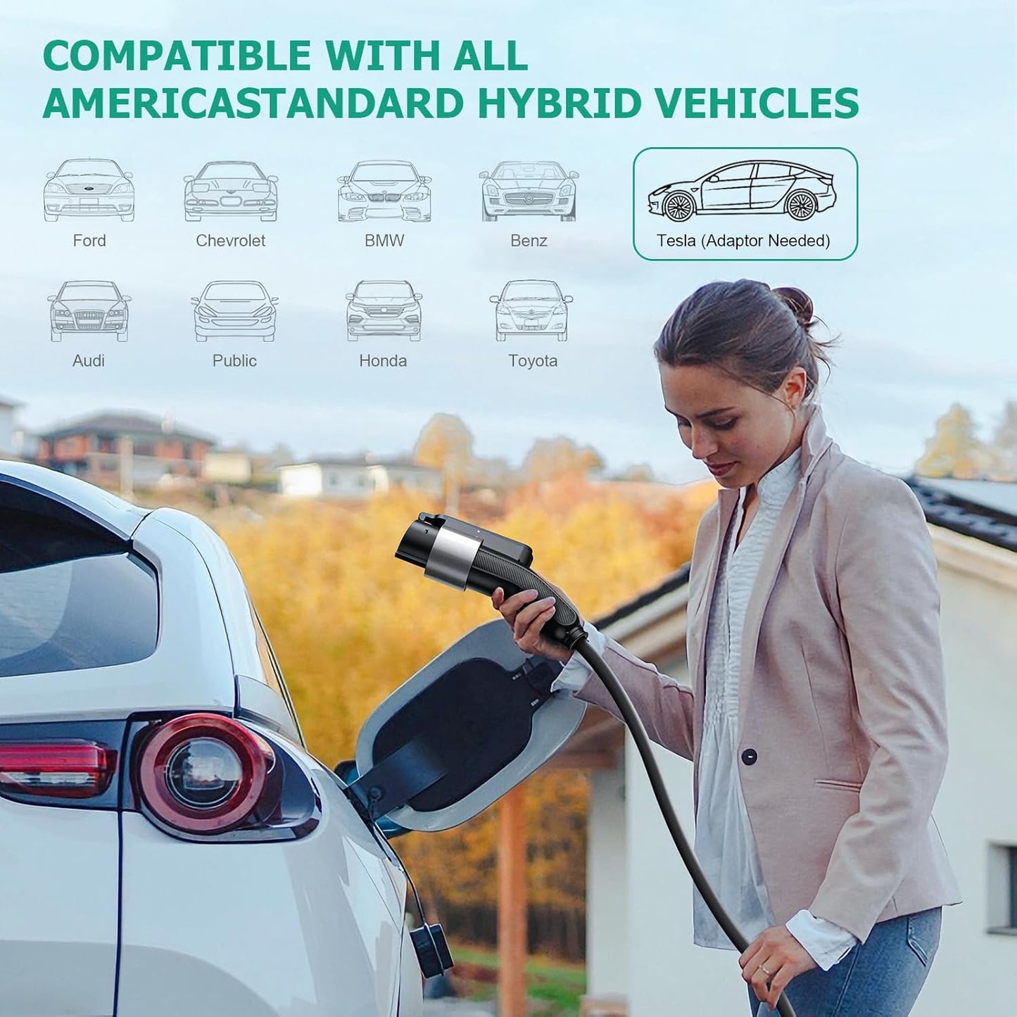 Level 2 EV Charger 48Amp, Indoor/Outdoor Electric Car Charger EVSE SAE J1772, NEMA 14-50 Plug, 25ft Cable, Start Charge Timer, WiFi Enabled