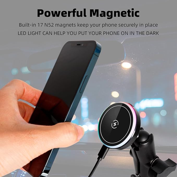 Magnetic Wireless Charging Phone Holder Base for RAM Mounts, 1" (25mm) Ball Mount with Short Aluminum Arm, Compatible with Magsafe iPhone 17/16/15/14/13/12 Series