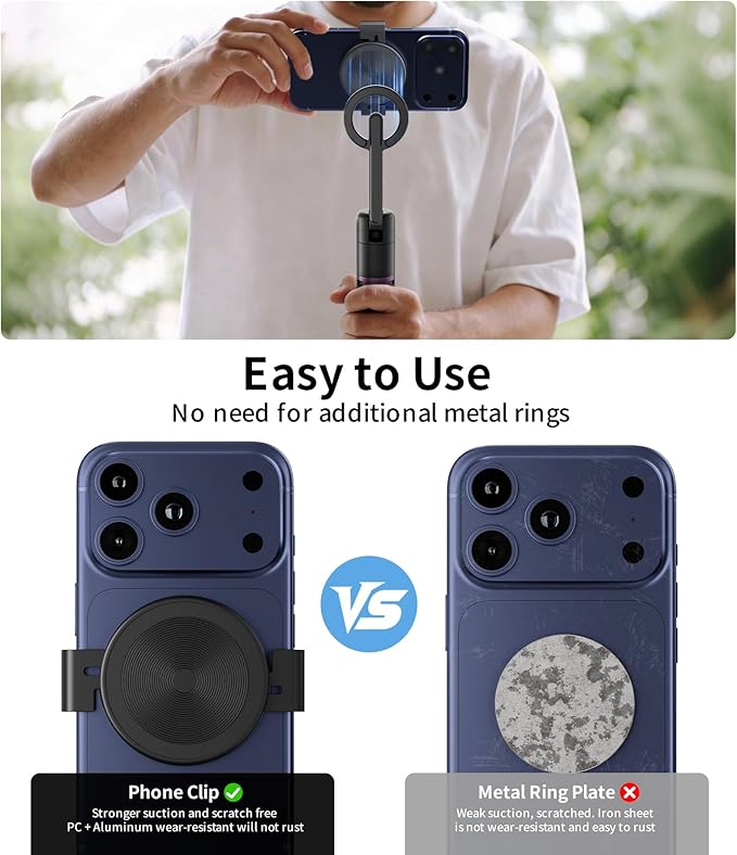 TONEOF Phone Clamp for Magnet with Metal Ring,Phone Mount Adapter for Magsafe Car Phone Holder,Quick Installation & Easy Removal Clip for All Phones/Magnetic Tripod/Magnet Mounts (Black,1 Pack)