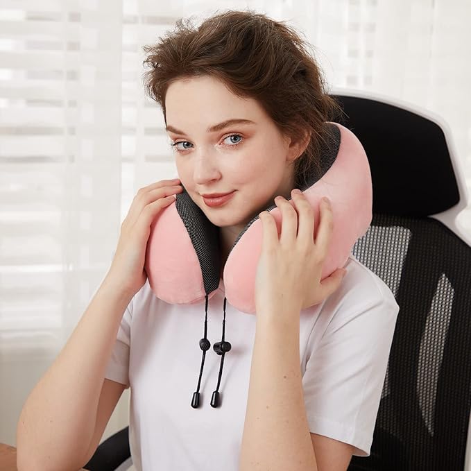 TALLGO Travel Pillow, Best Memory Foam Neck Pillow Head Support Soft Pillow for Sleeping Rest, Airplane Car & Home Use (Pink)
