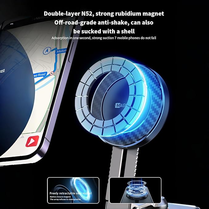 2026 Upgraded Vacuum Magnetic Mobile Phone Holder Cars for Magsafe Car Mount, Exclusive Metal Adjustable Telescopic Rod,Suction Cup Mobile Phone Holder for iPhone17 Pro Max 16 15 14 13 12 & Samsun