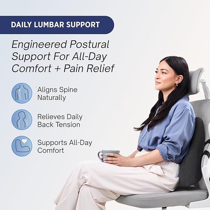 Lumbar Support Pillow for Office Chair - Lower Back Pain Relief Cushion with Adjustable SpineAlign™ Bolster, Memory Foam Pillow for Car, Couch, Gaming Seats - Dual Straps, Dark Grey