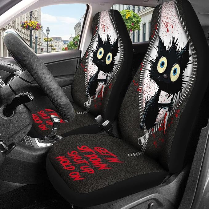 GENANY Horror Black Cat Car Seat Covers Set of 2, Breathable Front Seat Covers for Truck Sedan SUV, Funny Car Accessories, Spook Gift for Women Men
