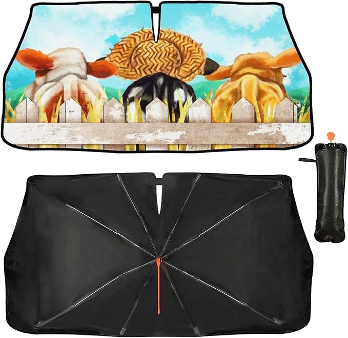 CHILL·TEK Funny Animal Car Windshield Sun Shade Umbrella, Funny Cows Car Sun Shade Umbrella, Block UV Rays Heat Foldable Windshield Umbrella Sun Visor Protector - Keep Vehicle Cool for Cars SUV