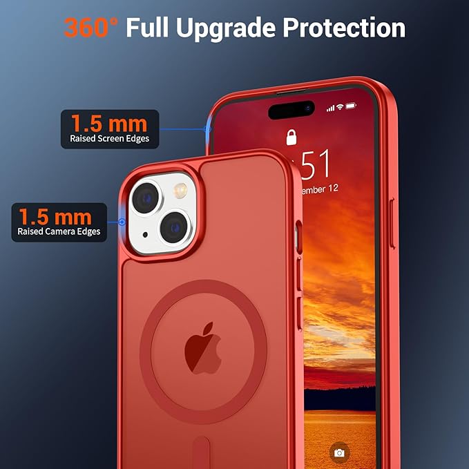 SUPFINE Magnetic for iPhone 15 Case (Compatible with MagSafe) (Military Grade Drop Protection) Slim Translucent Matte Shockproof with Anti-Fingerprint Phone Case, Red