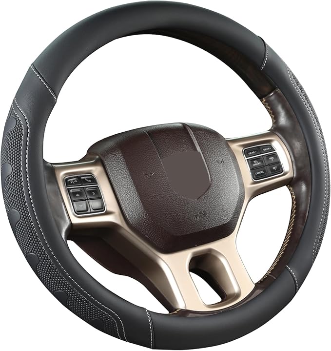 GIANT PANDA Car Steering Wheel Cover for RAM 1500 2500 3500, Compatible with Dodge RAM 15.5-16 inches - Black+Gray Line