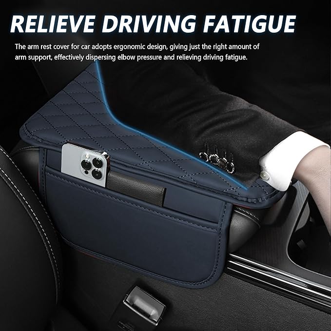 Upgraded Car Center Console Cover,Microfiber Leather Car Armrest Cover Cushion with 2 Storage Bags,Universal Car Armrest Storage Box Interior Accessories for Most Cars (Blue)