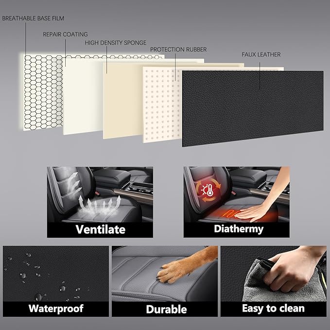 Full Coverage Faux Leather Car Seat Covers Full Set,Automotive Seat Covers for Cars,SUVs Pick-up Truck, Car Seat Cushion, Black and Grey Seat Covers for 5 Seats