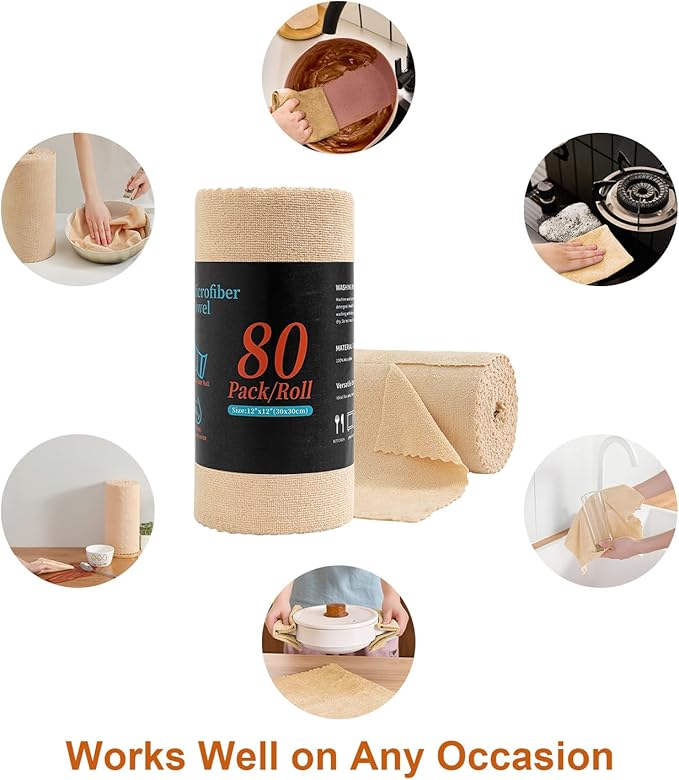 80 Pack Microfiber Cleaning Cloth Roll,Lint Free Rags & Tear Away Reusable Towels Washable Scratch,Ultra Absorbent Dish Rags(12" x 12") for Car Kitchen Home Garage-Apricot Yellow