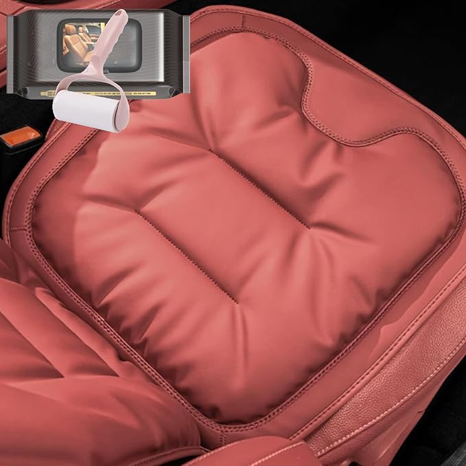 Skin-Friendly & Dirt-Repellent Leather Seat Cushions, 2026 Car Seat Cushion for Driving, 1.57" Thick Comfort Seat Protector, Universal Non-Slip Memory Foam Pad for Car (Red, Front Seat Cushion)