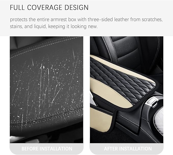 IHOTDER Patchwork Leather Center Console Covers for Cars,Upgraded Arm Rest Cover for Car with Side Storage Pocket for Car Seat Organizer,Middle Console Cover Stylish Car Decoration (Light Beige)