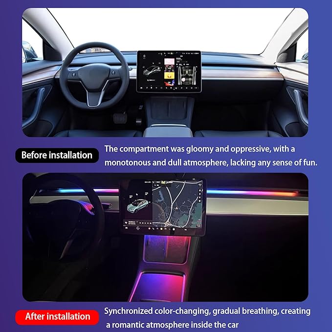 LED Car Ambient Lighting Strip for Tesla High Brightness with APP Control Multiple Colors and Car LED Strip Lighting Neon Lights for Model 3/Y (Dashboard& Center Console)