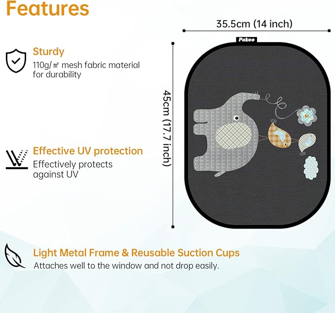 Car Sun Shade for Baby with UV Protection, 2 Pack UV Protection Breathable Car Window Sun Shade for Children with Cute Animal Motifs, 17.7 x 14 inches Sun Shades with 8 Cups