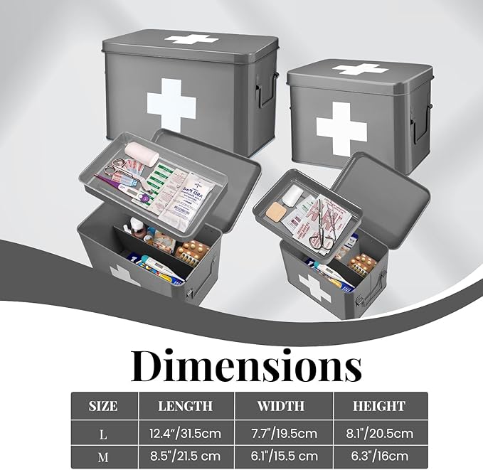 Flexzion Medicine Box, Home Pharmacy Box, 33 x 21 x 19 cm, Metal Medication Storage Box for Emergency, First Aid Cabinet, with Side Handles, Removable Tray & 5 Compartments, Grey