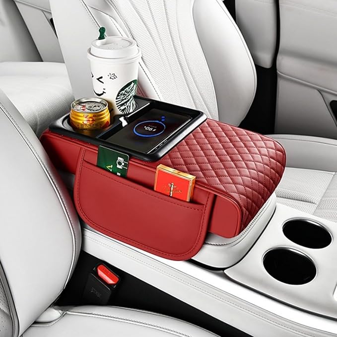 Car Armrest Pad with Built-in Induction Charging, Leather Center Console Cushion with 15W Power Pad, Dual Cup Holders, Storage Pockets - Red