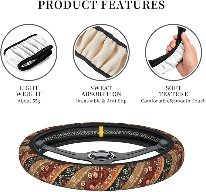 Boho Steering Wheel Cover Women Men Flower Elastic Stretch Soft Car Wheel Protector Universal Breathable No-Slip Car Accessories for Truck Van SUV Auto Fit 14-15 Inches