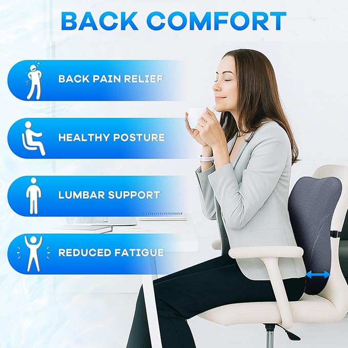 Gel Seat Cushion & Lumbar Support Pillow Set, Cooling Memory Foam for Coccyx & Sciatica Pain Relief, Ergonomic Desk Chair Cushion with Breathable Mesh Cover for Car, Home, Wheelchair (Grey)