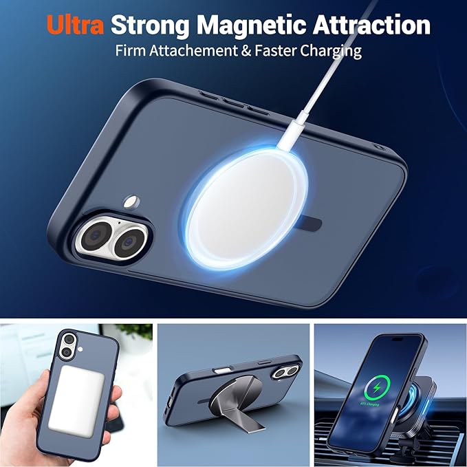 SUPFINE Magnetic for iPhone 16 Plus Case with Screen Protector (Compatible with MagSafe) (Military Grade Drop Protection) Translucent Matte Shockproof Phone Cover,Dark Blue