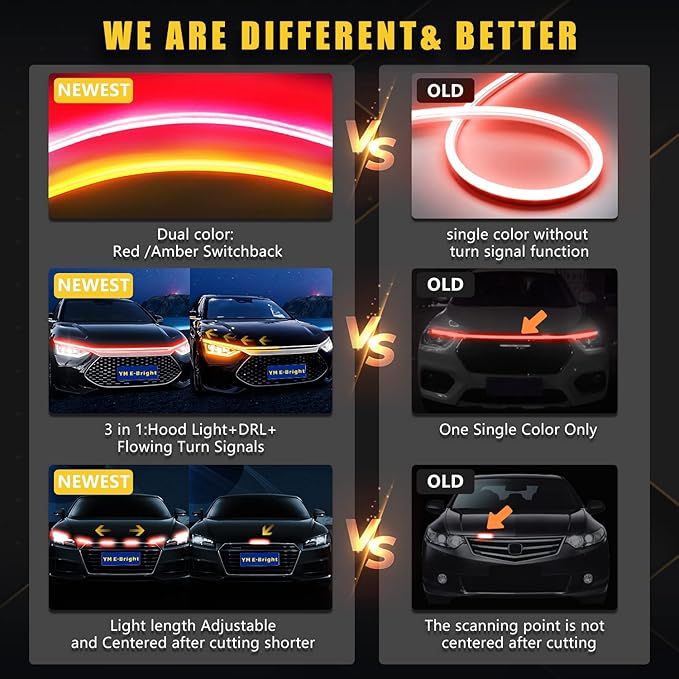 Sequential Turn Signal Led Light Strip Dynamic Scan Start Up Hood Lights Flexible DRL Daytime Running Light for Car,Truck,SUV,Dual Color Red Amber Flowing Switchback 12V 47inch /1.2M (1Set)
