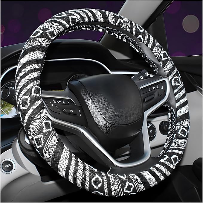 Boho Steering Wheel Cover, 15.0"×15.0" Anti-Slip Baja Blanket Ethnic Steering Wheel Protector, Breathable Flax Cloth Elastic Bohemian Steering Wheel Cover, Car Accessories (Style E)