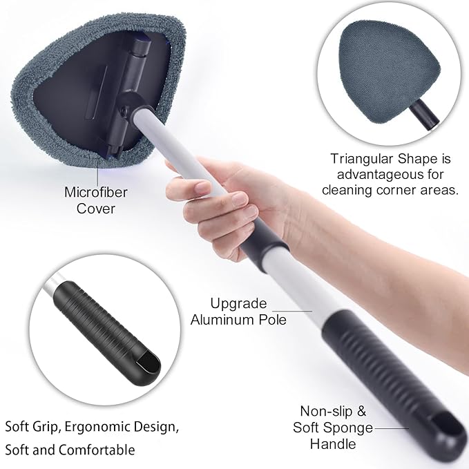 desin Windshield Cleaning Tool, Car Window Cleaner Windshield Cleaner with 4 Reusable and Washable Microfiber Pads and Extendable Handle Auto Inside Glass Wiper