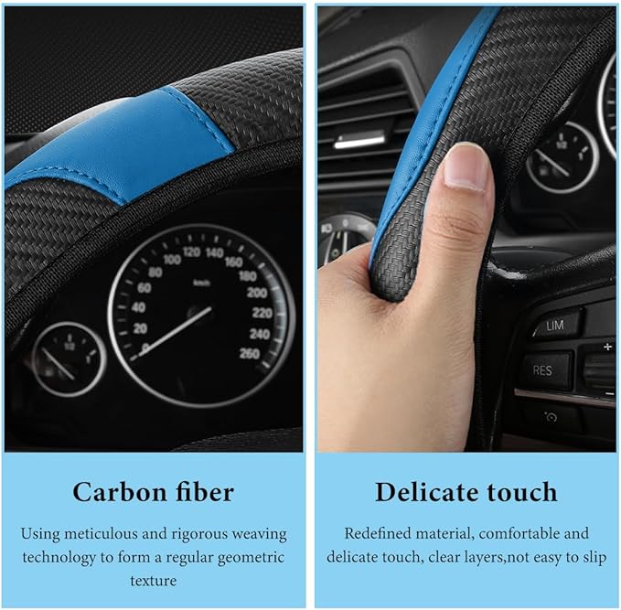 Car Steering Wheel Cover, 15 Inch Anti-Slip Stretch Leather Steering Wheel Protector, Comfortable Breathable Sporty Steering Wheel Cover for Women Men, Car Accessories (Black & Blue)