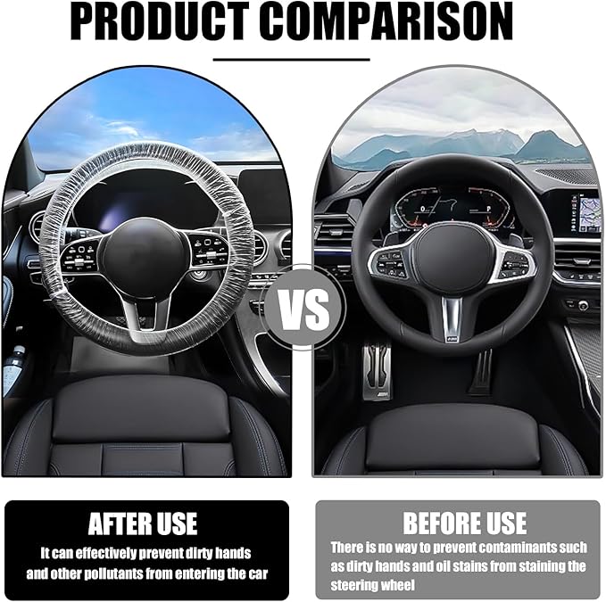 100PCS Disposable Steering Wheel Cover, Plastic Transparent Car Steering Wheel Covers with Elastic Trims, Universal Steering Wheel Protector, Interior Car Accessories