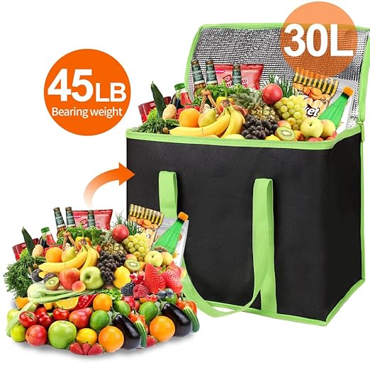 Bodaon 4-Pack Insulated Pizza Delivery Bags, X-Large Reusable Grocery Shopping Bags, Black with Green Edge