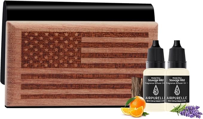 AirPurelle Car Air Freshener with Metal Clip Wood Air Freshener, 100+ Days Long Lasting Woody Citrus Scent, Includes 2x 10ML Refills, 0.68 FL OZ, Made in USA, Car Auto Accessories