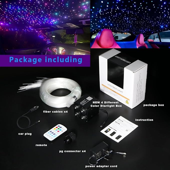 AZIMOM 4Port 36W Twinkle 1200pcs 0.03in 13.1ft Fiber Optic Starlight Headliner Kits 4Colors Light Source Sound Activated Remote APP Control Home Indoor Ceiling Car Headliner Decoration