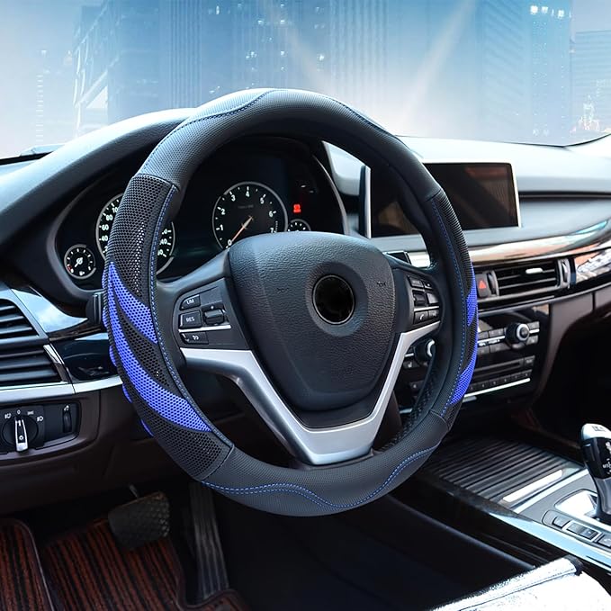 Alusbell Microfiber Leather Steering Wheel Cover Breathable Auto Car Steering Wheel Cover for Men Large-Size with 15 1/2 inches-16 inches Outer Diameter Blue