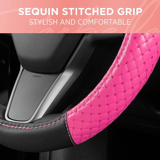 Pink Sequin Bling Steering Wheel Cover, Standard 15 Inch Size Fits Most Vehicles, Cute Faux Leather Car Steering Cover with Diamond Rhinestone Glitter Like Detail, Car Accessories for Women