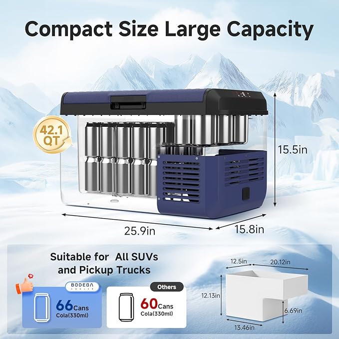 BODEGACOOLER 12 Volt Car Refrigerator, 42QT(40L) IPX4 Waterproof Electric Cooler, 31dB Ultra-Quiet Car Fridge APP Control with 12/24V DC 110-240V AC, -4℉~68℉, Portable for Truck RV Camping, Travel
