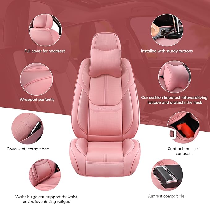 Auto Car Seat Covers Accessories Full Set Leather Cushion Protector Universal Fit 7 Colors (Pink, Front Pair and Rear)