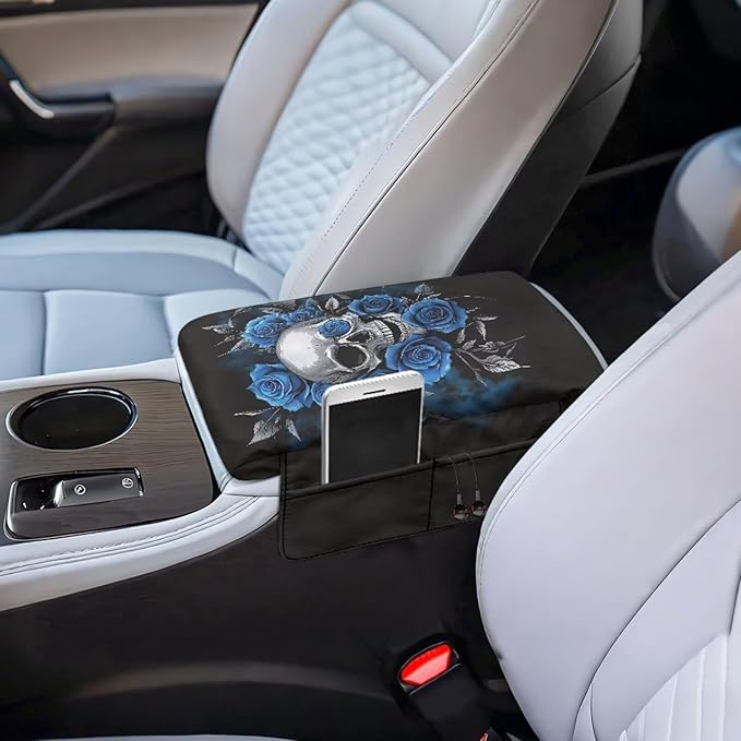 Tupalatus Skull Center Console Cover Breathable Armrest Cushion Cover Pad Water-Resistant Rose Comfort Padded Arm Rest Covers with Storage Pockets Fits Most Cars, Trucks, SUVs