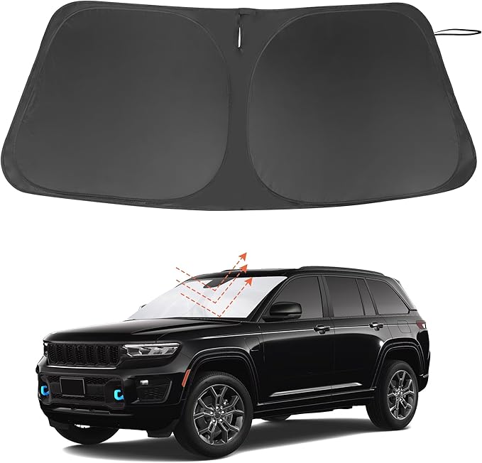 Windshield Sun Shade Custom Fit for 2022 2023 2024 2025 2026 Jeep Grand Cherokee 4XE Accessories Foldable Window Sunshade Protect Car from Sun Rays & Heat Damage Keeps Car Cooler