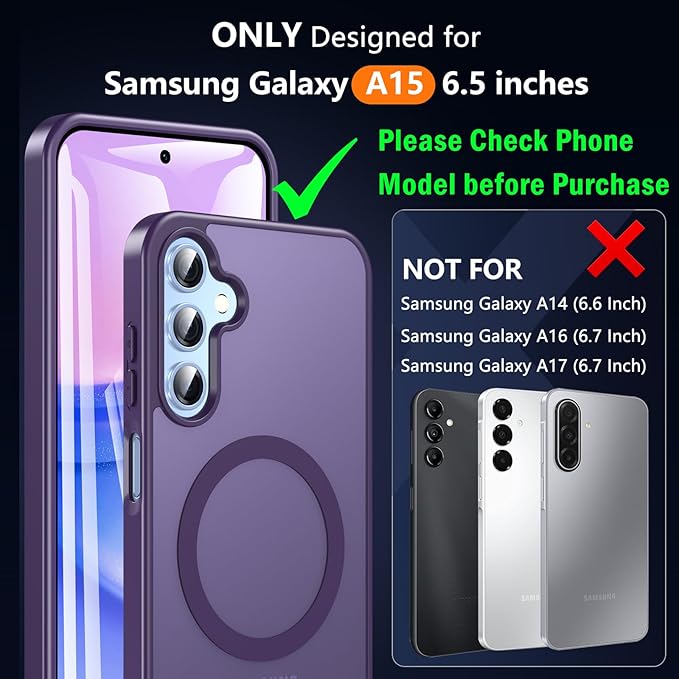 OWKEY for Samsung Galaxy A15 5G Phone Case with Screen Protector & Stand, Magnetic Case for Magsafe Military-Grade Protection Shockproof Matte Cover for Samsung Galaxy A15 5G (Purple)