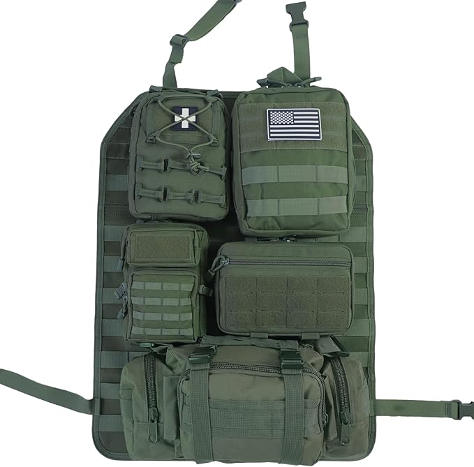 Universal Tactical Seat Back Organizer Vehicle Molle Panel Organizer Storage Bag with 5 Detachable Molle Pouch for All Vehicel Such as Jeep,Truck,SUV, Car, Ford,Chevy etc